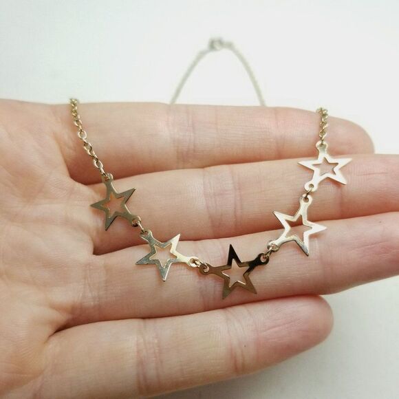 Vintage Five Stars Gold Tone Chain Necklace, Celestial Space Style, Estate - Picture 2 of 6